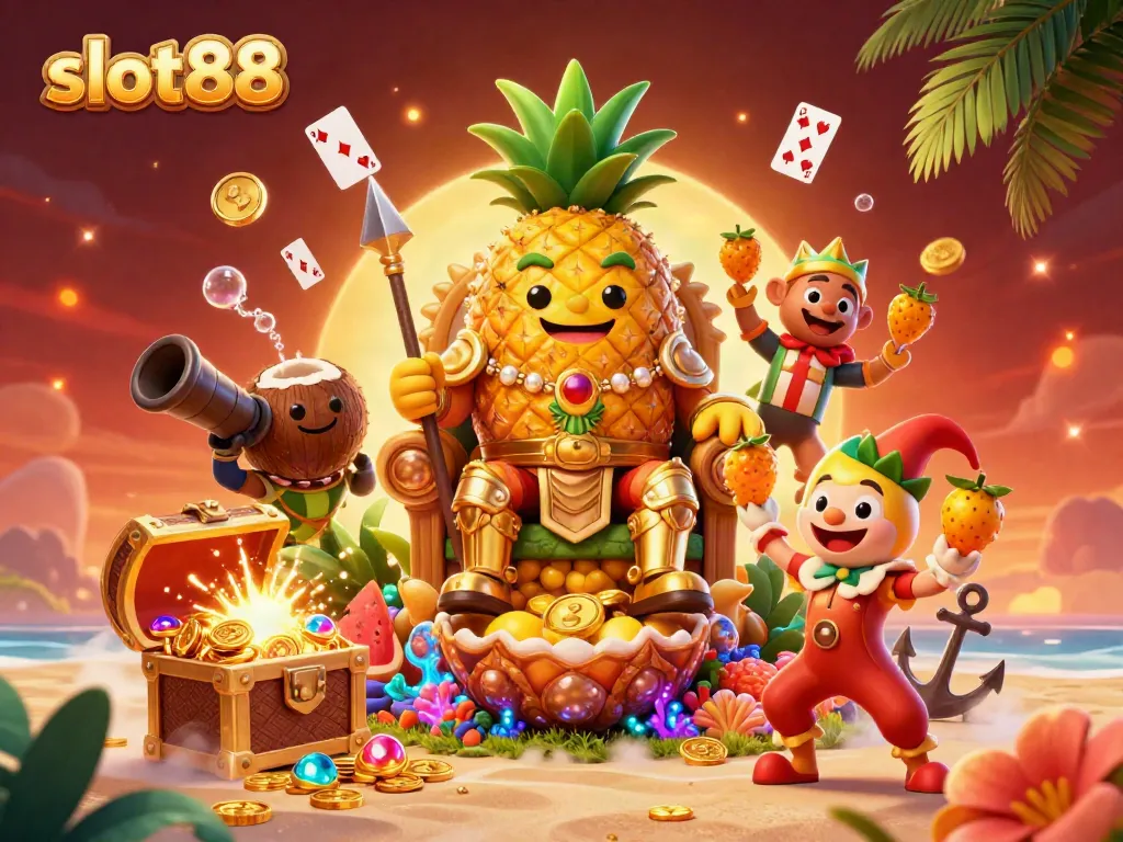 Experience slot88 excitement in a vibrant beach casino scene with a golden pineapple king and playful characters.