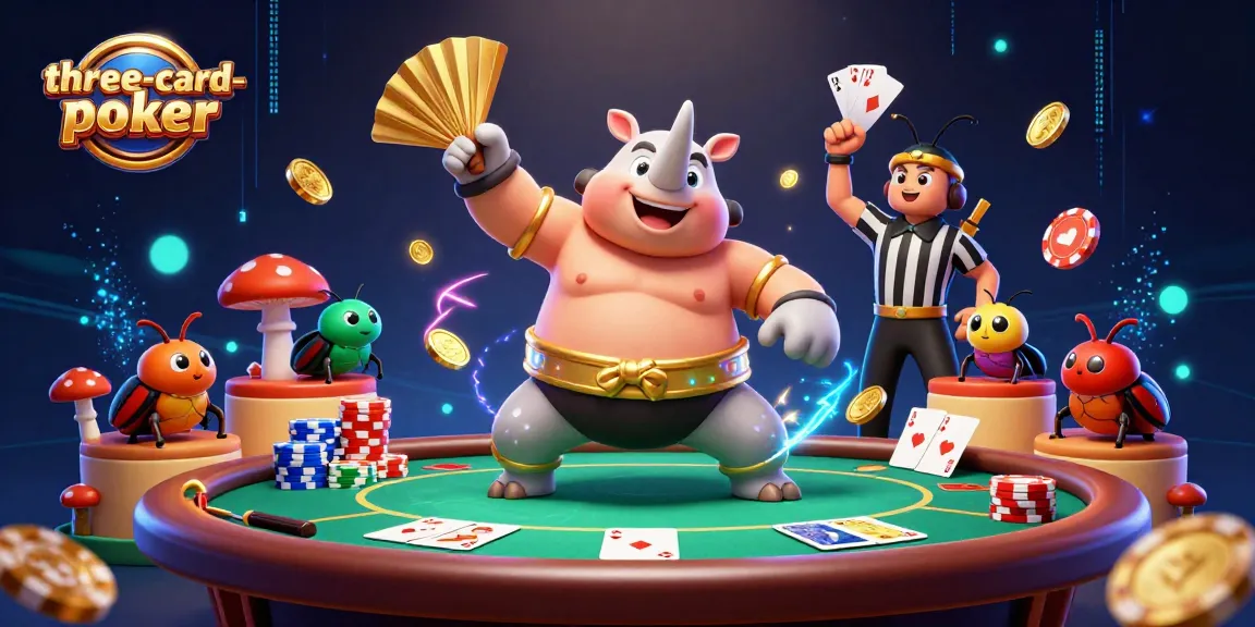 Engage in three-card-poker with dynamic beetle characters at a lively table, surrounded by vibrant casino elements.