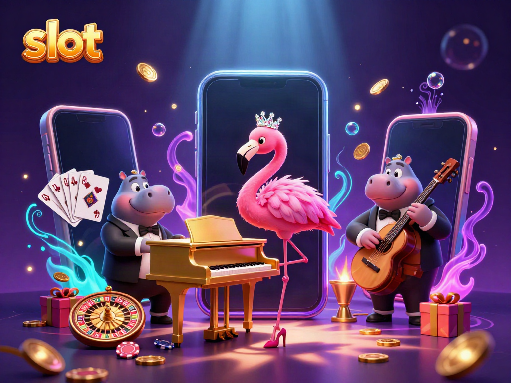 Jam slot berwarna-warni dari smartphone meledakkan koin emas sambil dikelilingi penyanyi flamingo dan pemain bass hippo.