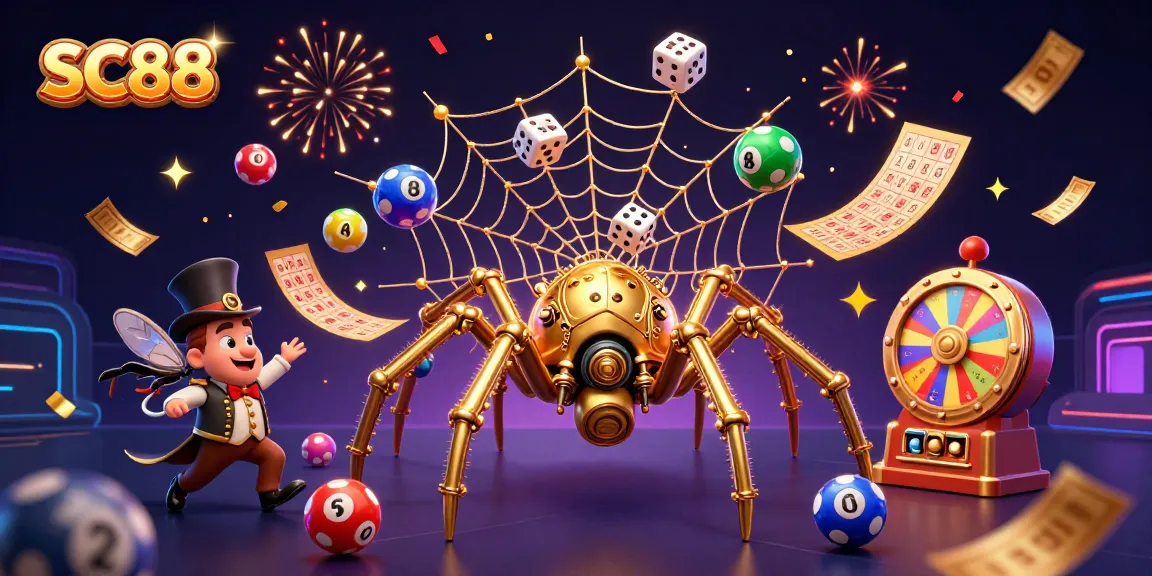 Watch SC88’s steampunk spider weave a thrilling web of chance amidst a vibrant lottery scene.