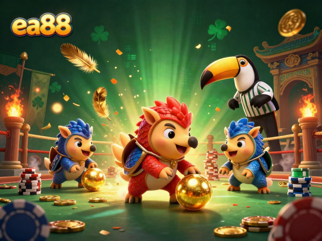 Hai con tê tê đối kháng trong không gian sòng bạc ea88, tích lũy tiền vàng và chip poker.