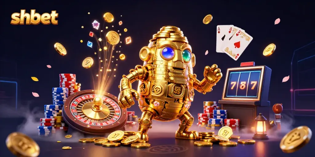Experience the excitement of shbet with gold coins, slot machines, and dynamic casino elements.