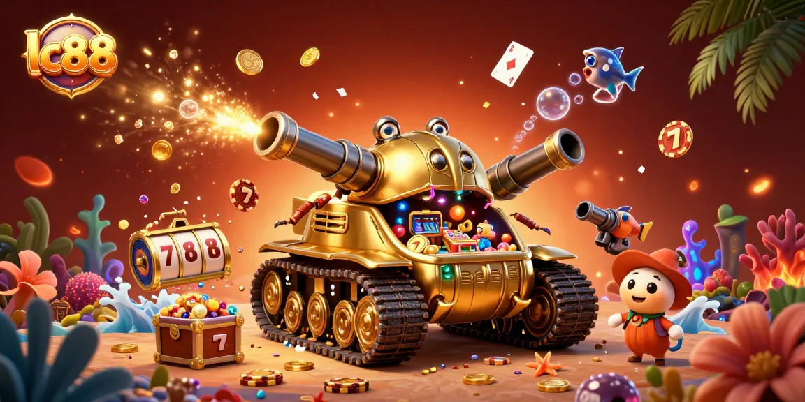 Engage with lc88’s vibrant scene showcasing a golden beetle tank casino amidst underwater treasures and lively game elements.