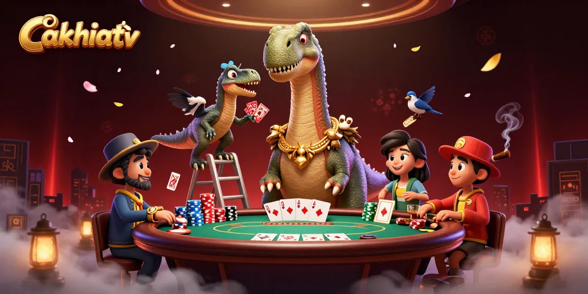 Cakhiatv offers thrilling poker action with a giant brontosaurus and clever raptor dealing cards in a vibrant casino setting.