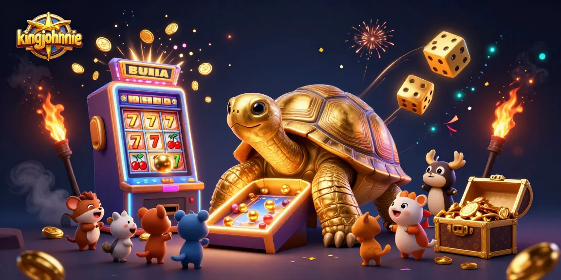 Experience the excitement at kingjohnnie with a vibrant 3D illustration showcasing a golden tortoise pinball and thrilling game elements.
