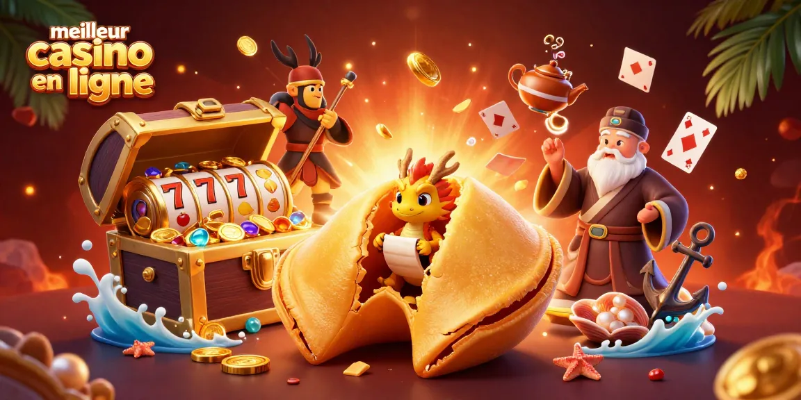 Découvrez le meilleur casino en ligne avec cet illustration dynamique remplie d'or et d'éléments de jeu.
