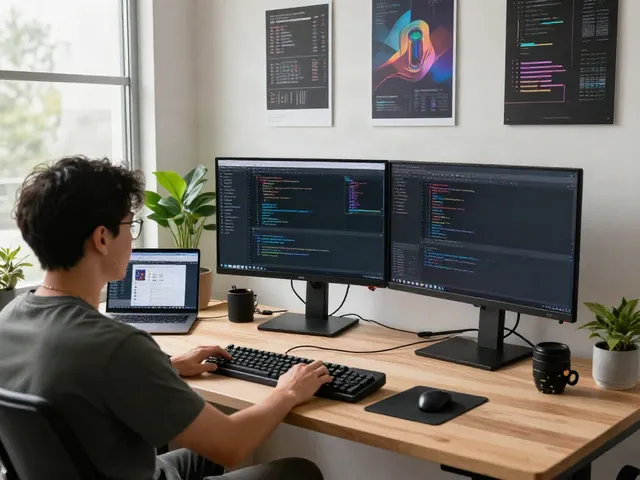 Developer coding at a modern workspace with dual monitors, see this page highlighting productivity.