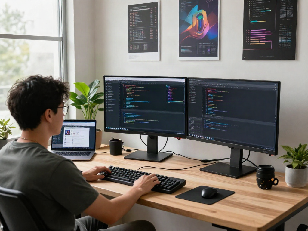 Developer coding at a modern workspace with dual monitors, see this page highlighting productivity.