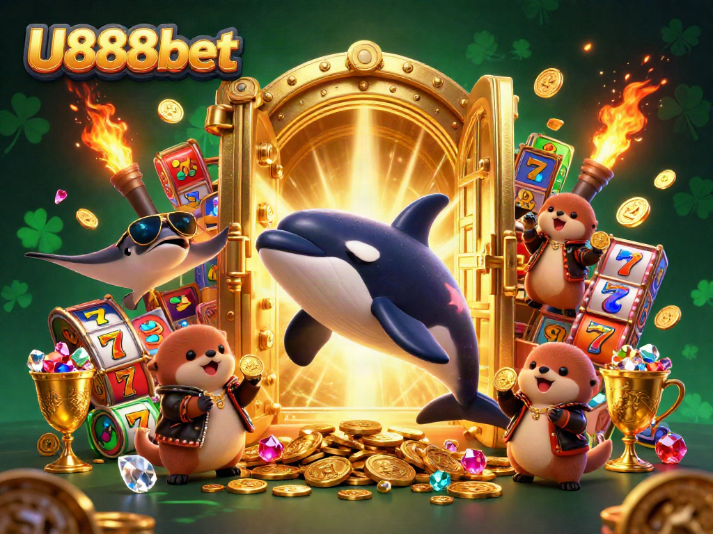 Engaging 3D illustration featuring U888bet characters, jackpot symbols, and a treasure vault