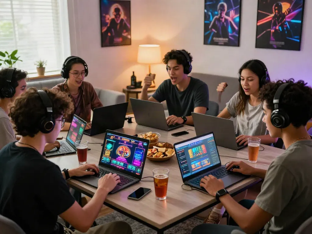 Exciting slot online gaming session with players using mobile devices in a cozy living room.