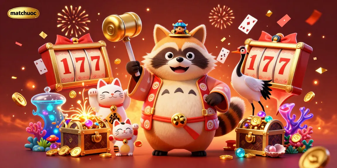Spin and win at matchuoc with cheerful tanuki and lucky charms in a vibrant casino scene.