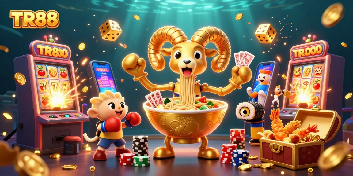 Engage with TR88's vibrant casino scene showcasing a golden ramen bowl dealer and more