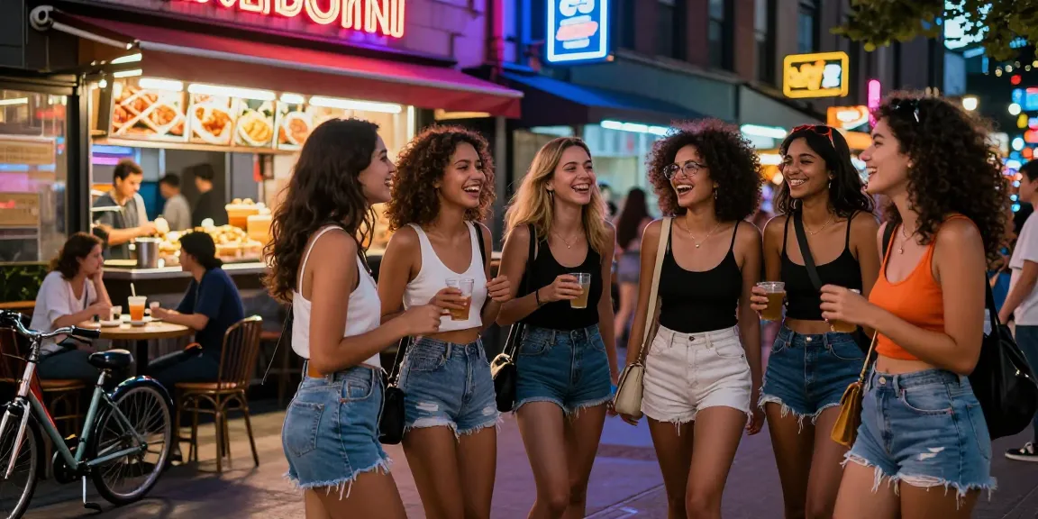 Cảnh phố sôi nổi với gái gọi vui vẻ trong trang phục thời trang, ánh đèn neon rực rỡ.