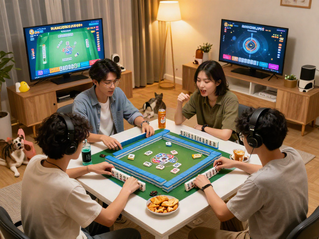Players enjoying MAHJONGJP88 Online in a cozy home setting, highlighting engagement and excitement.