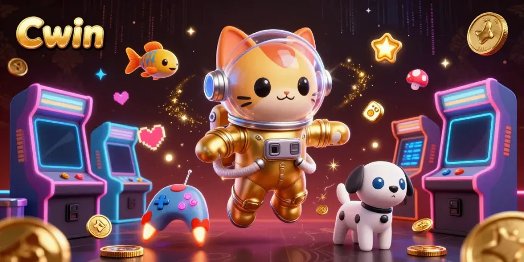 Cwin cat astronaut explores a cosmic casino scene with arcade elements and aliens.