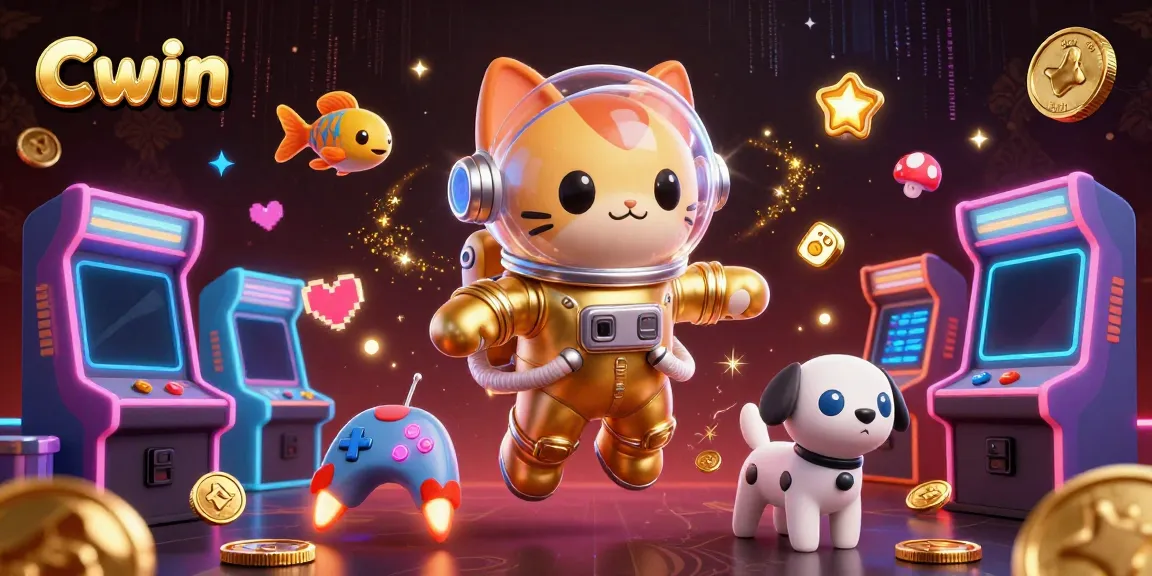 Cwin cat astronaut explores a cosmic casino scene with arcade elements and aliens.