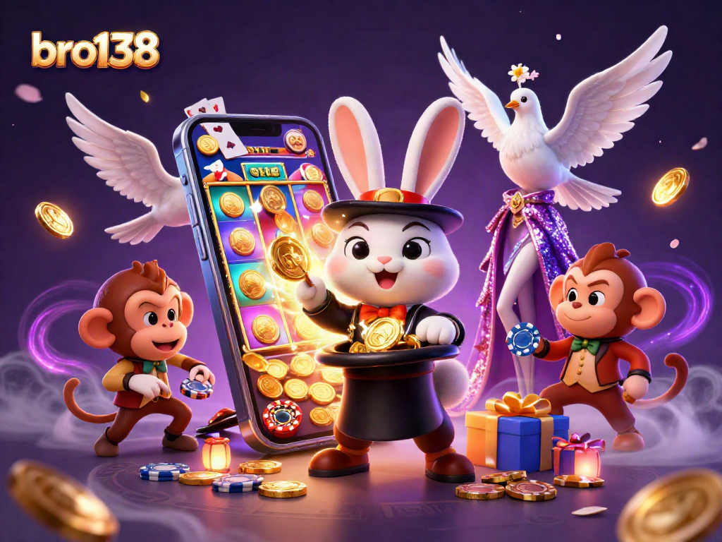 Experience fortune with bro138: A vibrant casino scene featuring a magician, dove, and a pickpocket monkey.