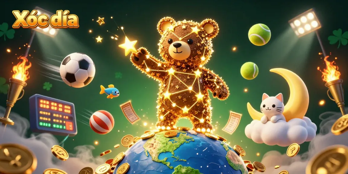 Xóc đĩa game depicts fun elements with golden coins and sports graphics, embodying excitement.