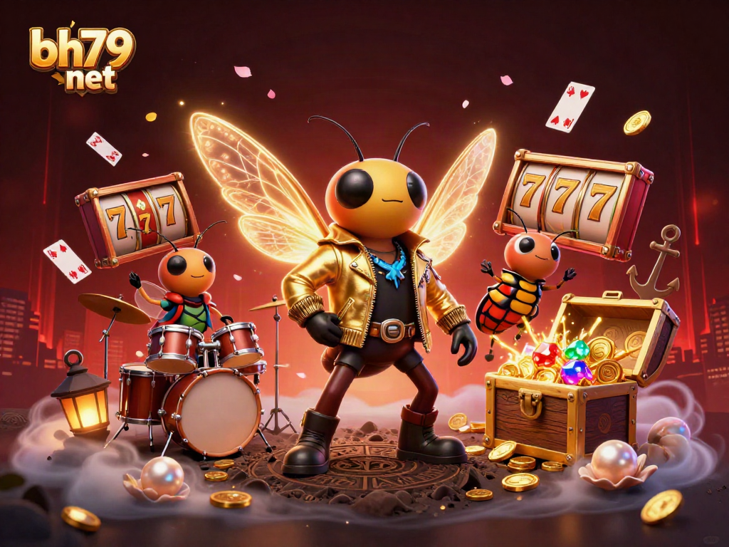 Join the excitement at bh79 net with a vibrant casino scene featuring a cicada rock star and dynamic gaming elements.