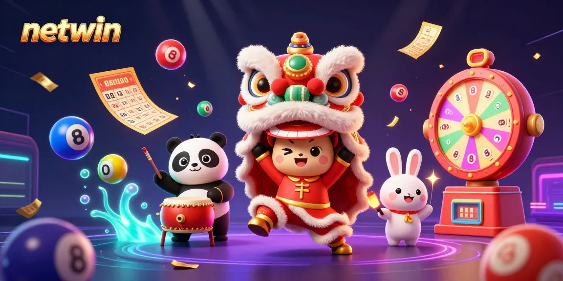 Experience the vibrant netwin gaming atmosphere with lively characters, dynamic lottery elements, and festive decorations.