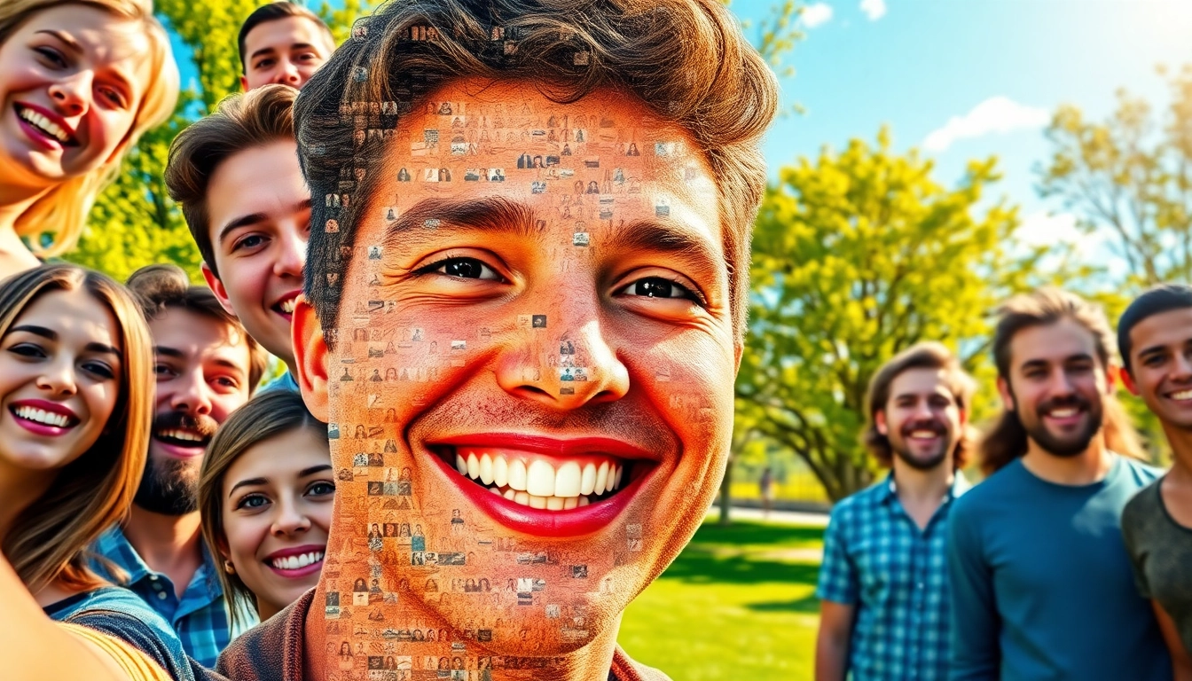 A vibrant selfie mosaic formed by numerous individual selfies creating a joyful portrait, ideal for social sharing.