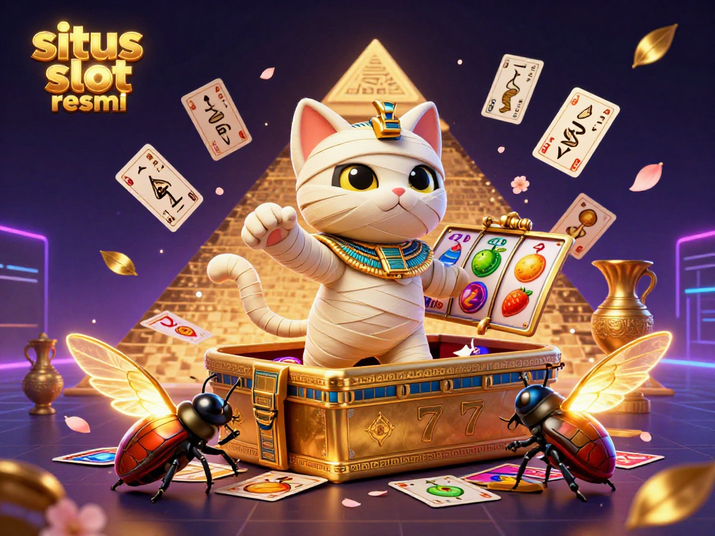 Experience thrilling wins at situs slot resmi, featuring a vibrant 3D illustration of a mummy cat and jackpot symbols.