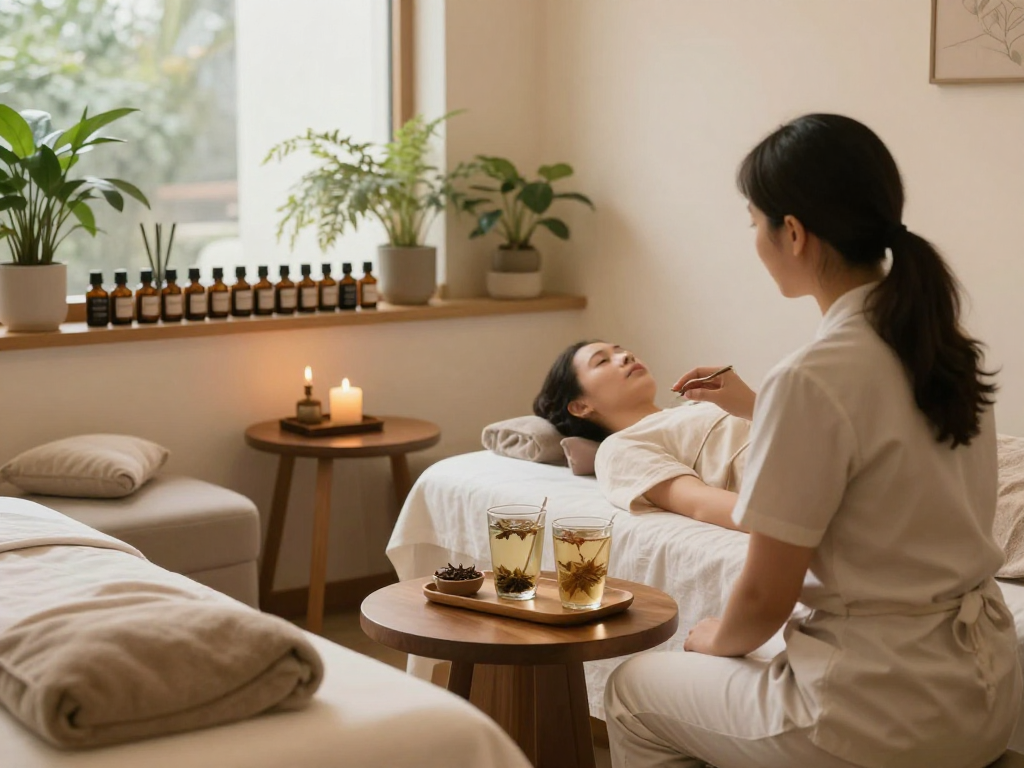 Relaxation space at Balanced Massage showcasing therapist consultation and aromatherapy oils for mantra88 relaxation experience.