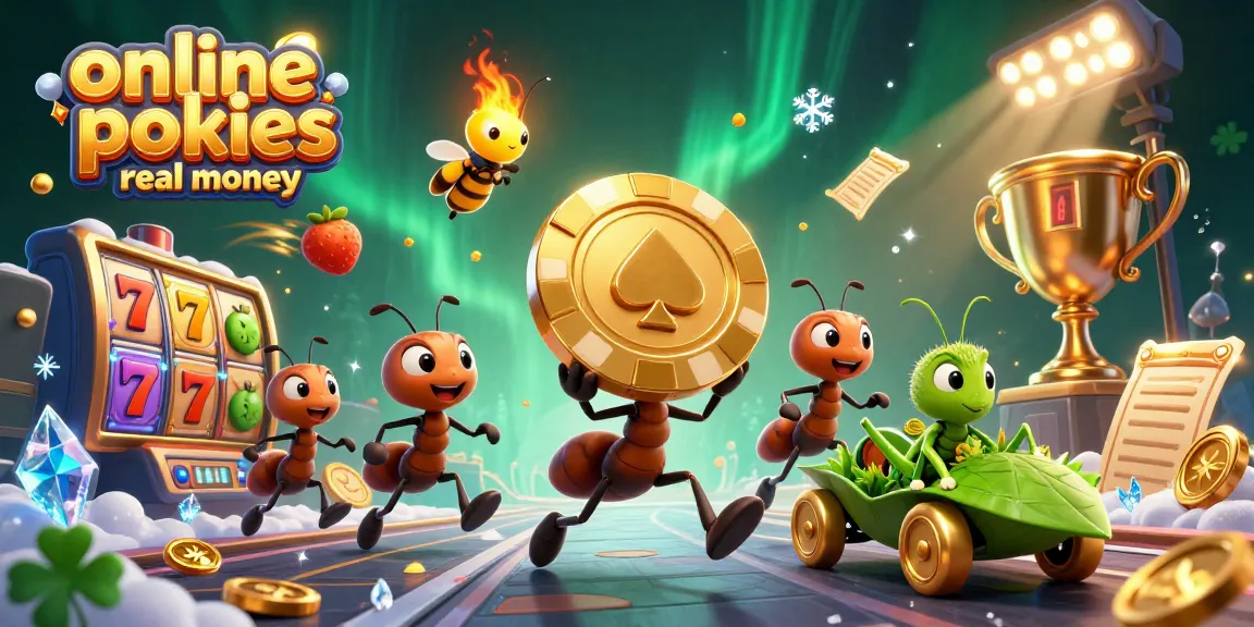 Experience online pokies real money with a dynamic scene of animated ants on a heist, showcasing colorful fruits and jackpots.