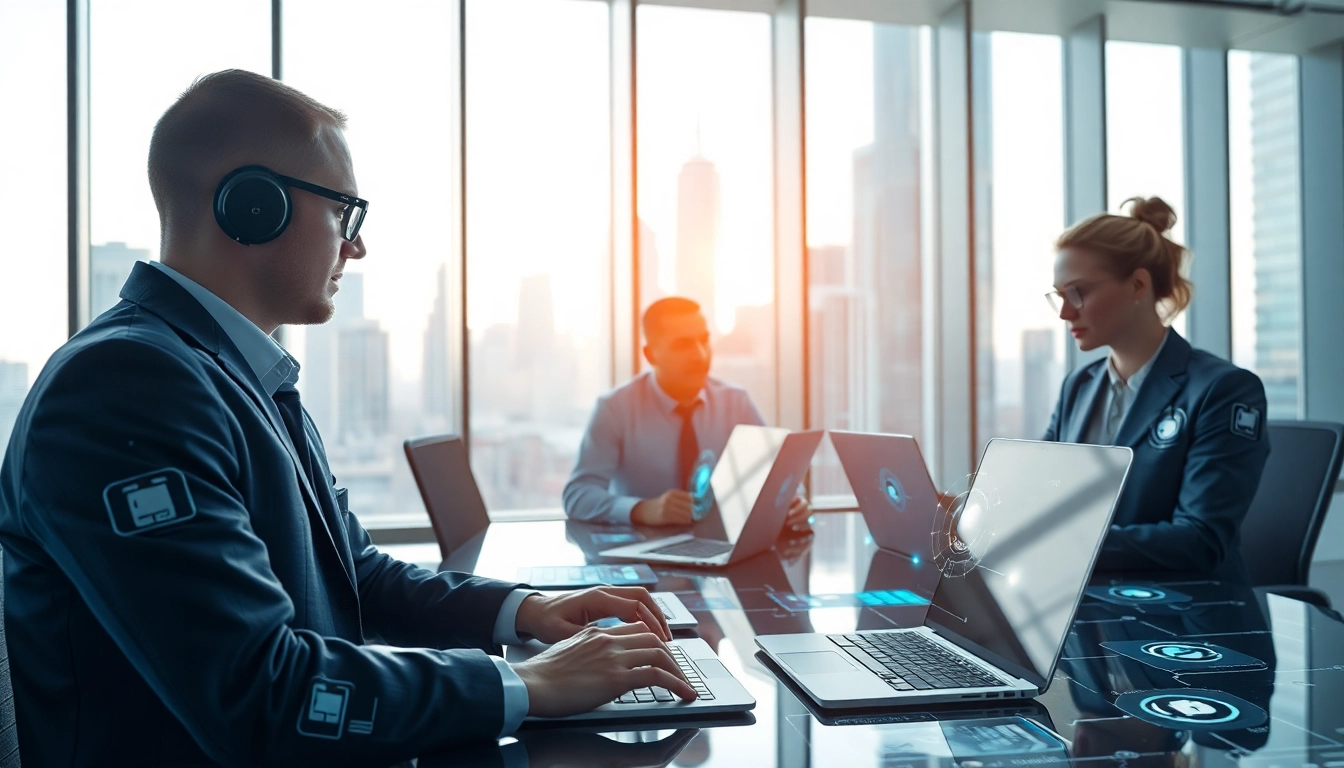 Ai agents performing tasks in a modern office environment with futuristic elements.