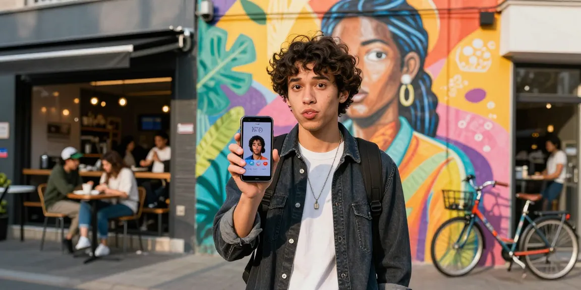 Young adult using a facial recognition app to find out how old do I look in an urban setting with vibrant murals.