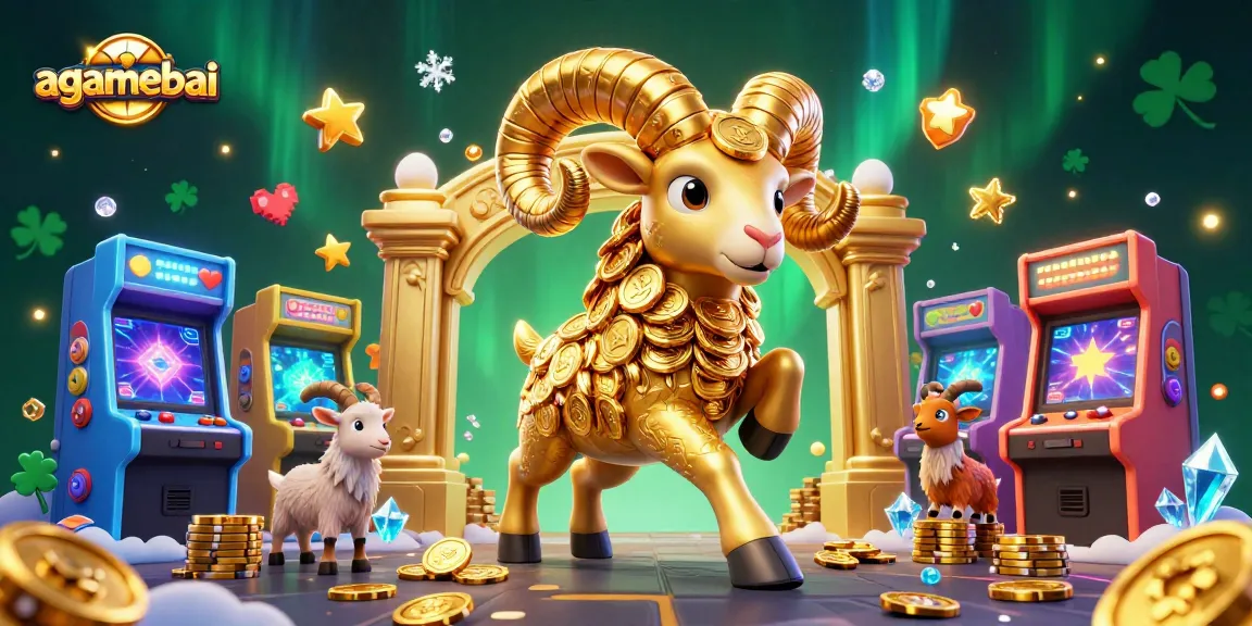 Engage in gaming excitement with agamebai's stunning 3D casino illustration featuring a golden ram and colorful arcade elements.