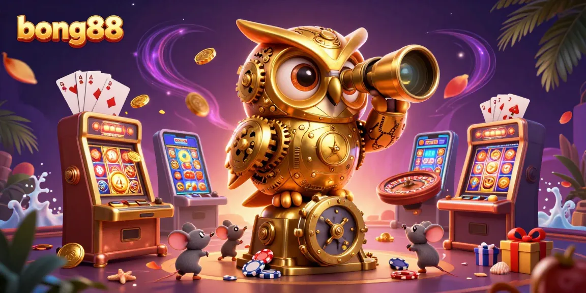 Engage with bong88's vibrant casino scene featuring an interactive 3D owl amongst slot machines and lively gaming elements.