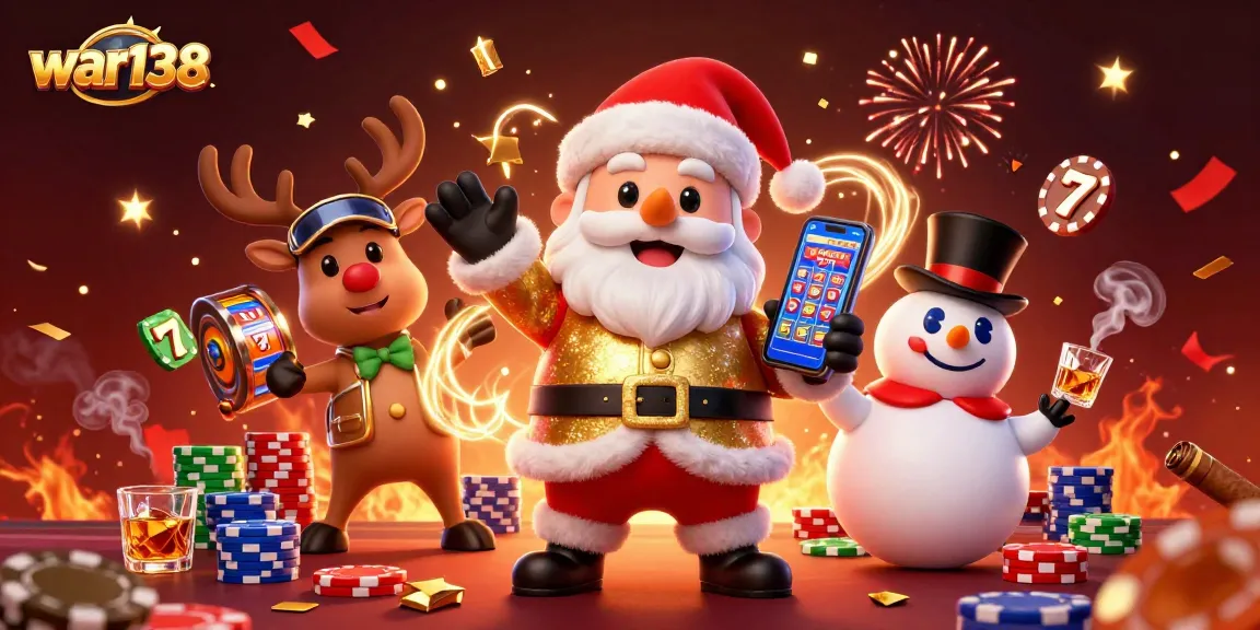Join war138's festive casino with Santa, reindeer, and snowman celebrating slot jackpots!