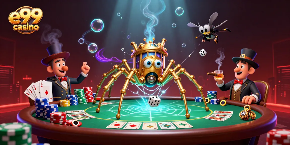 Experience thrilling gameplay at e99 casino with a steampunk spider and vibrant poker elements.