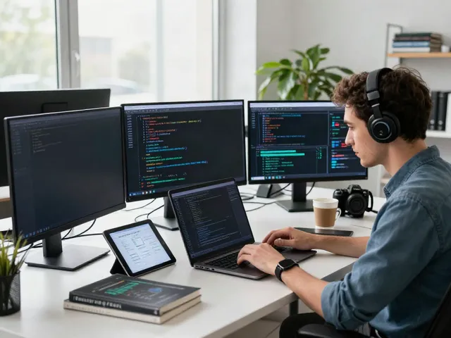Developer engaged in GPU computing surrounded by monitors in a modern tech workspace.