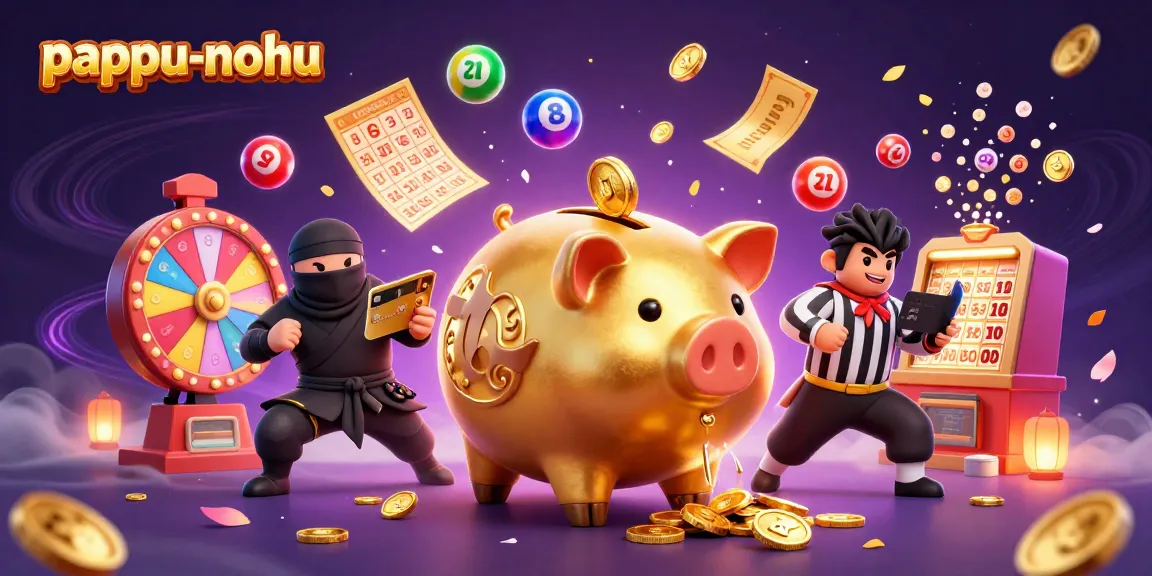 Pappu-nohu gaming scene showcases a golden piggy bank wrestler and colorful lottery elements.
