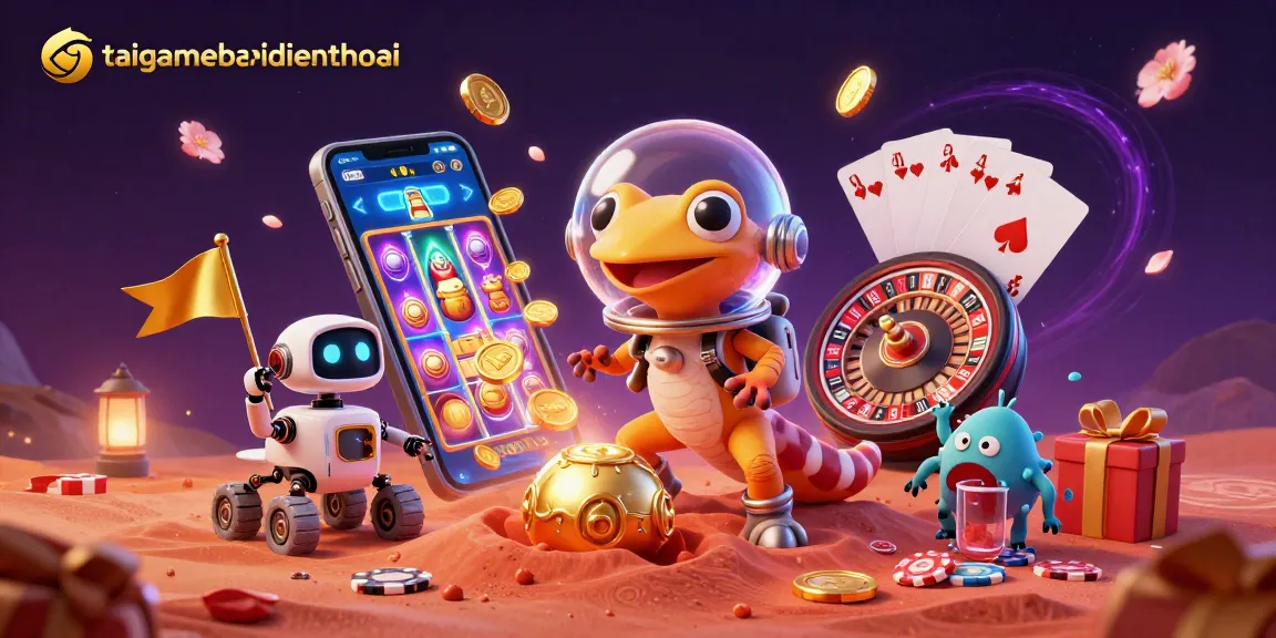 Engage with taigamebaidienthoai's vibrant 3D casino illustration featuring a Martian gecko and dynamic gaming elements.