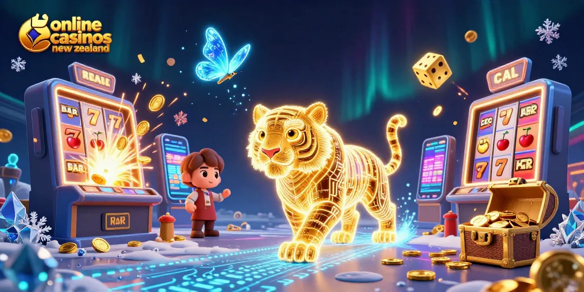 Experience excitement with online casinos New Zealand featuring a golden tiger in a vibrant 3D casino scene.