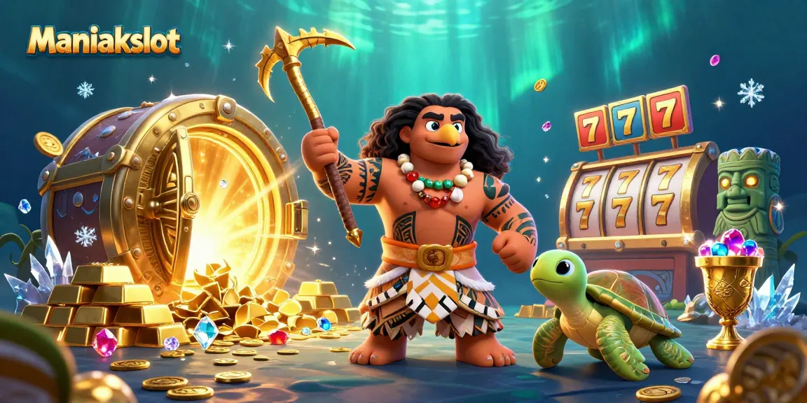 Play Maniakslot with a vibrant 3D illustration of a demigod and treasures glowing with excitement.