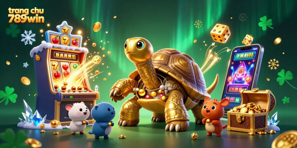 Experience the excitement of gaming with trang chu 789win in vibrant casino action, featuring a animated tortoise and slot machines.