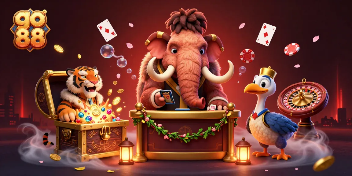 Engage with go 88's thrilling casino world illustrated by a mammoth bouncer and saber-tooth VIP.