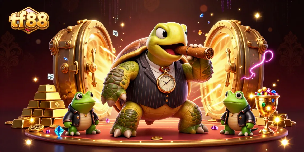 tf88 showcases a 3D illustration with a snapping turtle in a suit and gaming elements galore.
