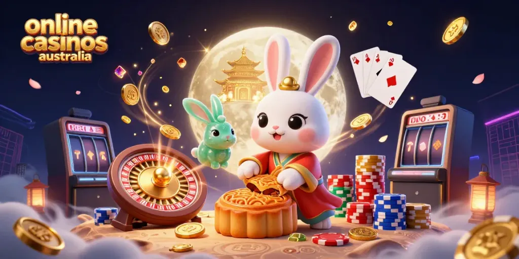 Engage in online casinos Australia with a whimsical 3D moon rabbit scene surrounded by casino elements