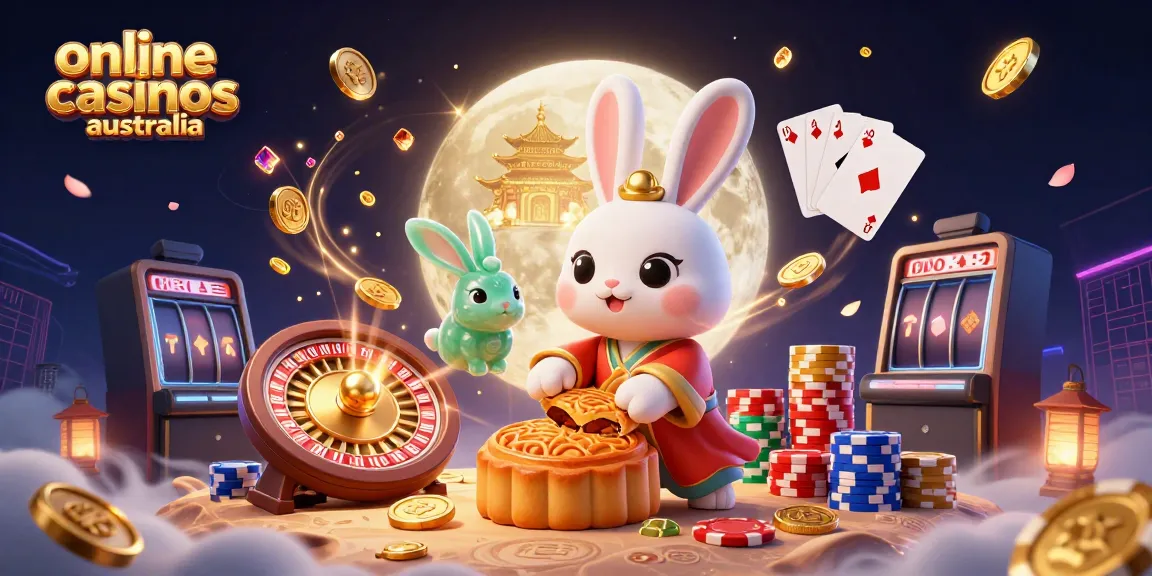 Engage in online casinos Australia with a whimsical 3D moon rabbit scene surrounded by casino elements