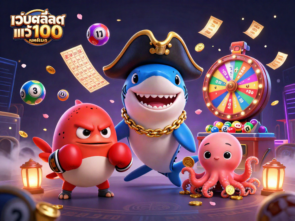 Engage with เว็บสล็อต แท้ 100 เปอร์เซ็นต์ through vibrant characters and dynamic casino elements like lottery balls and gold coins.