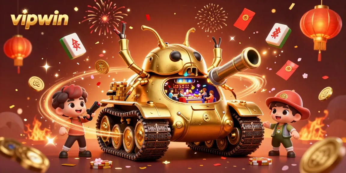 Experience the thrilling world of vipwin with a vibrant casino illustration showcasing a golden beetle tank and festive elements.