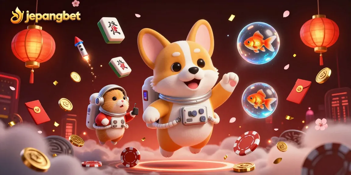 Interact in a vibrant jepangbet online casino scene with an astronaut corgi and floating elements.