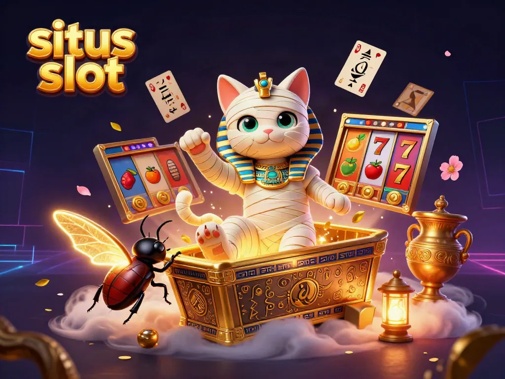 Experience excitement at situs slot with a colorful scene featuring a mummy cat, golden elements, and vibrant slot game symbols.