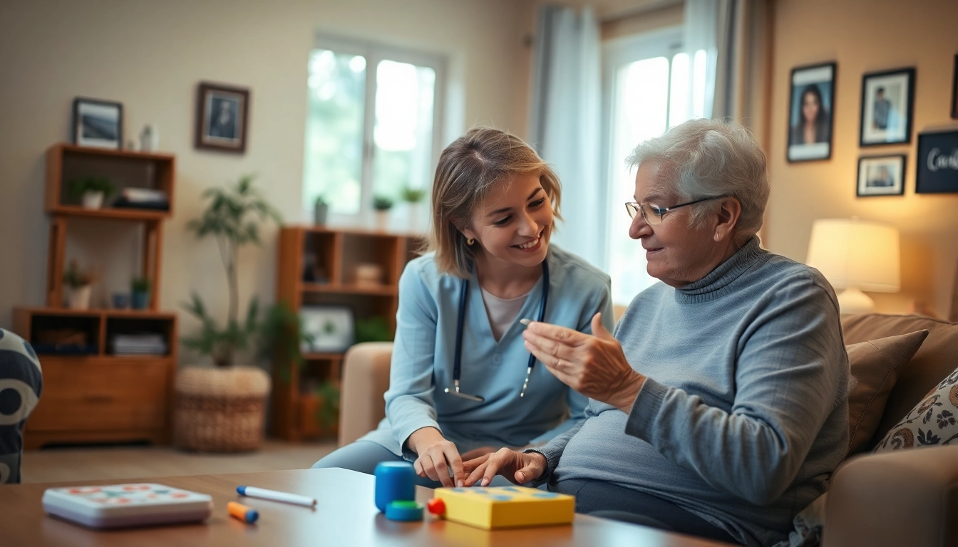 Engaging senior cognitive decline care tx with caregiver in a cozy home environment.