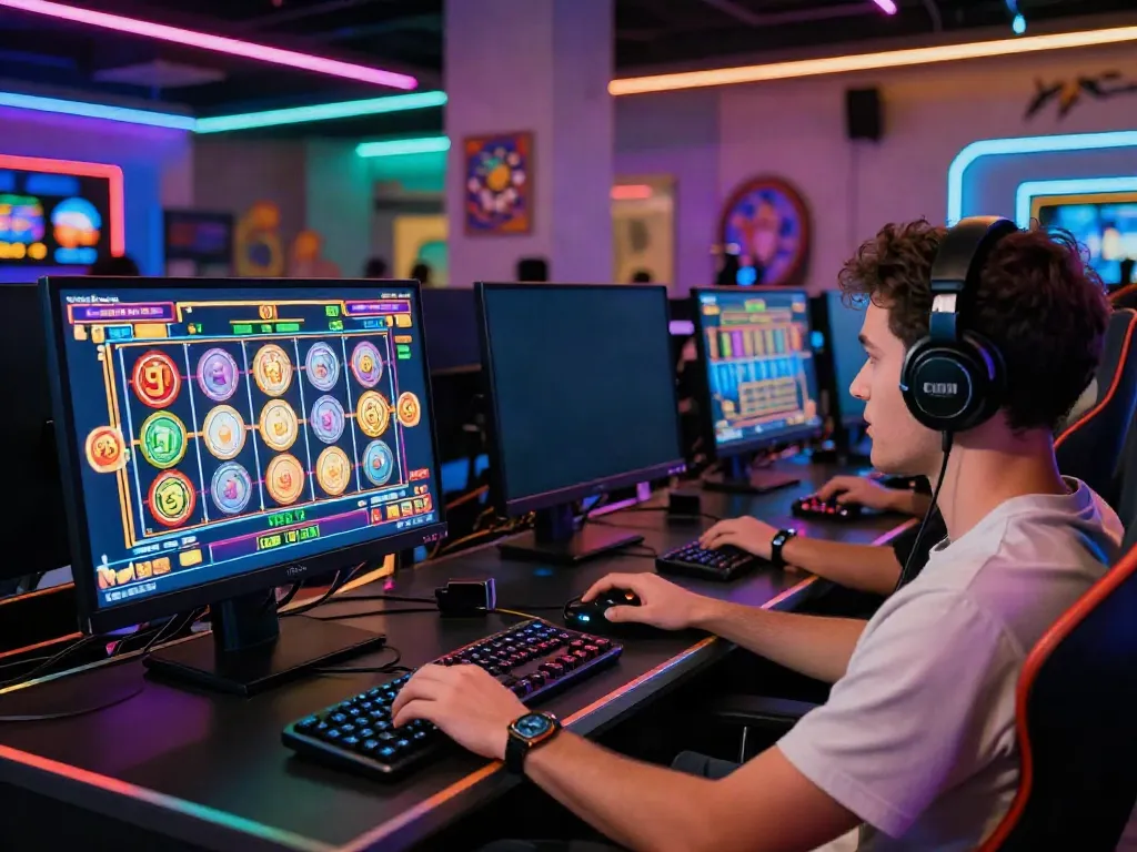 Exciting slot online gaming session with vibrant graphics on-screen, player immersed in action.